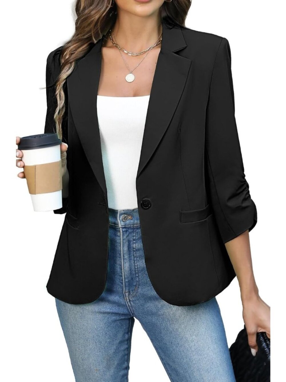 Lightweight Fitted Ruched Blazer Jacket for Women | 3/4 Sleeve Stylish Outerwear